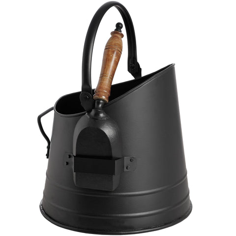 Black Coal Bucket with Teak Handle Shovel Accessories Hill Interiors 