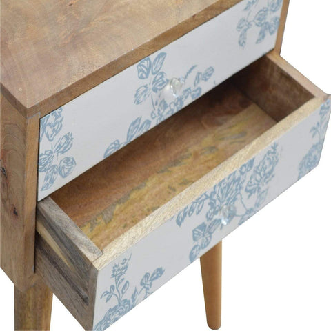 Blue Floral Screen Printed Bedside Sleeping Artisan Furniture 