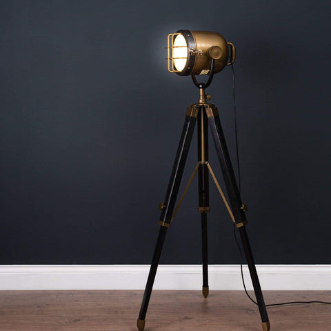 Brass And Black Industrial Spotlight Tripod Lamp Lighting Hill Interiors 