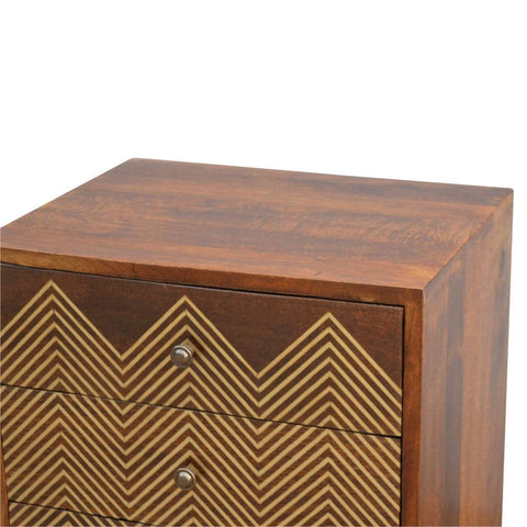 Brass Inlay Chevron Bedside with 3 Drawers Sleeping Artisan Furniture 