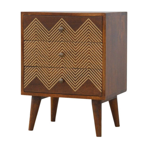 Brass Inlay Chevron Bedside with 3 Drawers Sleeping Artisan Furniture 