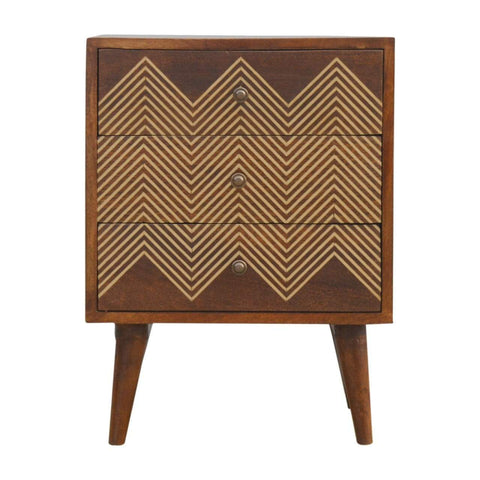 Brass Inlay Chevron Bedside with 3 Drawers Sleeping Artisan Furniture 