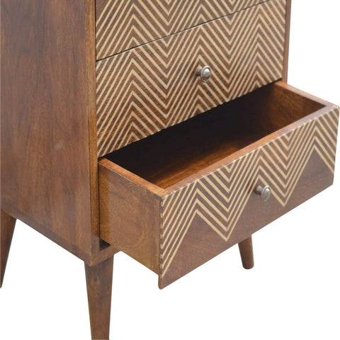 Brass Inlay Chevron Bedside with 3 Drawers Sleeping Artisan Furniture 