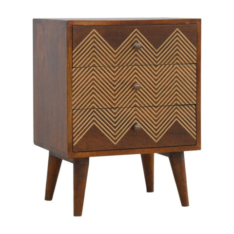 Brass Inlay Chevron Bedside with 3 Drawers Sleeping Artisan Furniture 