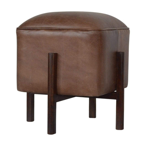 Brown Leather Footstool with Solid Wood Legs Living Artisan Furniture 