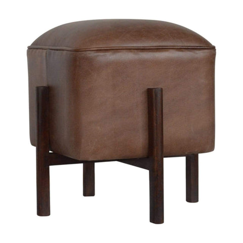 Brown Leather Footstool with Solid Wood Legs Living Artisan Furniture 
