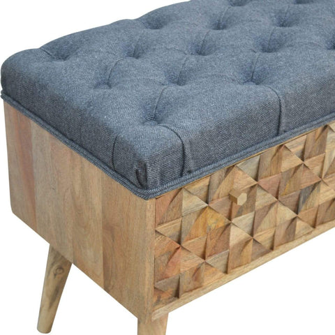 Diamond Carved Grey Tweed Storage Bench Living Artisan Furniture 