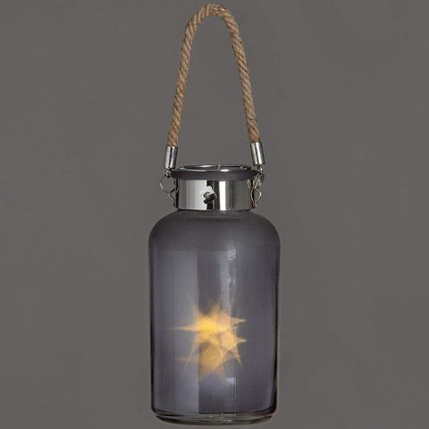 Frosted Grey Glass Jar with Rope Detail and LED Lights Accessories Hill Interiors 
