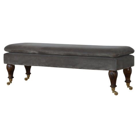 Grey Velvet Bench with Castor Feet Living Artisan Furniture 