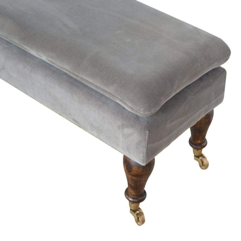 Grey Velvet Bench with Castor Feet Living Artisan Furniture 