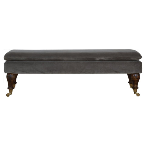 Grey Velvet Bench with Castor Feet Living Artisan Furniture 