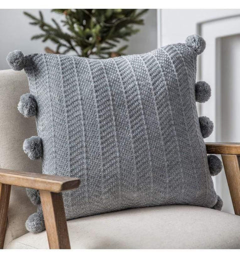 Herringbone Pom Pom Cushion Grey Accessories Regency Studio 