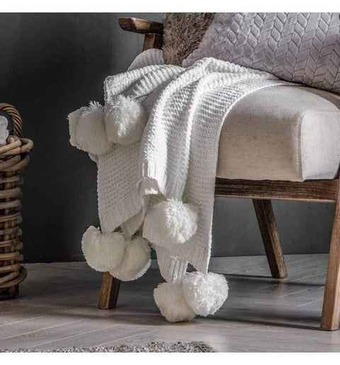 Knitted Pom Pom Chenille Throw Cream CLEARANCE,Accessories Regency Studio 