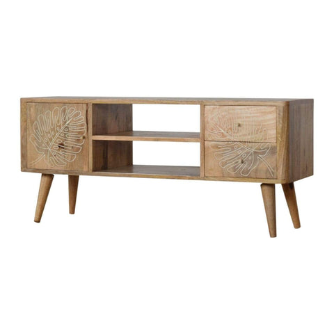 Leaf Embossed Resin Solid Wood Media Unit Living Artisan Furniture 