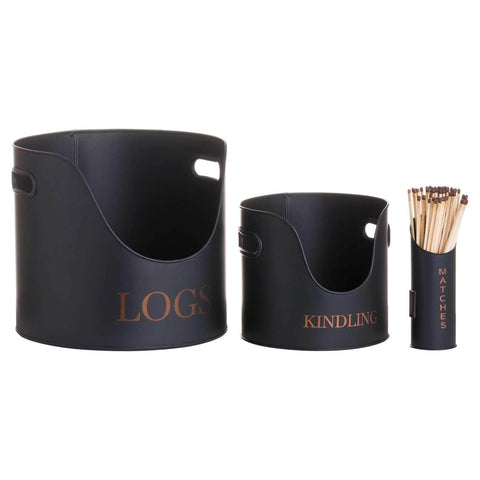 Logs & Kindling Buckets + Matchstick Holder Black And Copper Accessories Hill Interiors 