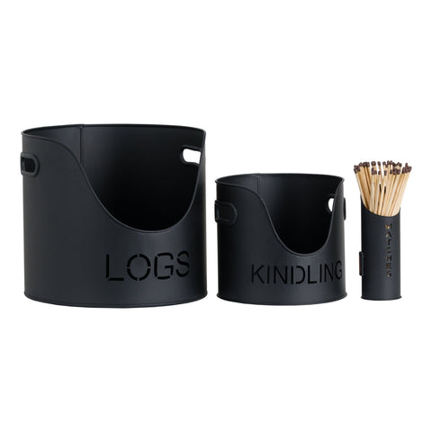 Logs & Kindling Buckets + Matchstick Holder In Black Accessories Hill Interiors 