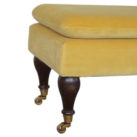 Mustard Velvet Bench with Castor Legs Living Artisan Furniture 