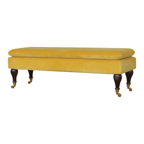 Mustard Velvet Bench with Castor Legs Living Artisan Furniture 