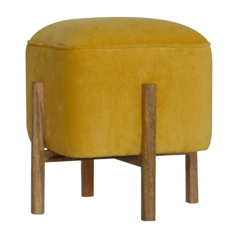 Mustard Velvet Footstool with Solid Wood Legs Living Artisan Furniture 