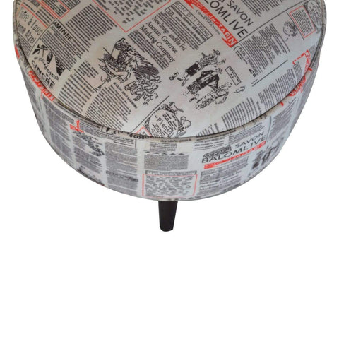 Round footstool with news print velvet Living Artisan Furniture 