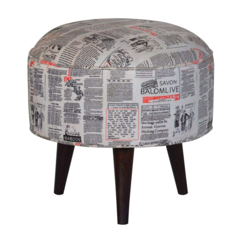 Round footstool with news print velvet Living Artisan Furniture 