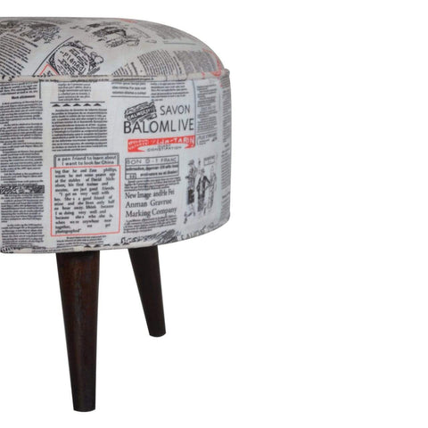 Round footstool with news print velvet Living Artisan Furniture 