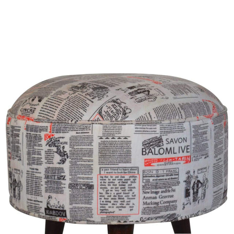 Round footstool with news print velvet Living Artisan Furniture 
