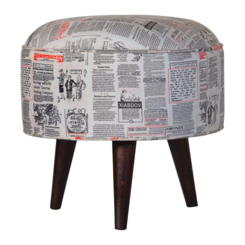 Round footstool with news print velvet Living Artisan Furniture 